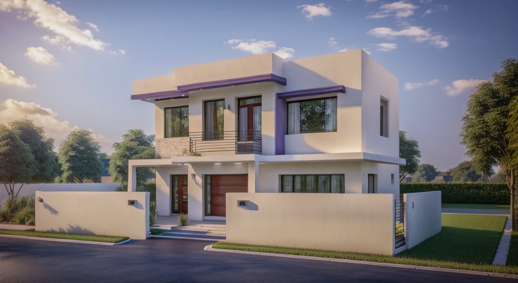 Raw photo,Masterpiece, high quality, best quality, authentic, super detail, soft lighting, high quality, exterior, outdoors, onestoreyvilla, purple house style modern on the street vietnam road,pavement, grass, trees, blue sky, cloud, (day:1.1), vivid purple colour, (realistic:1.2), unreal engine 5, vray tracing