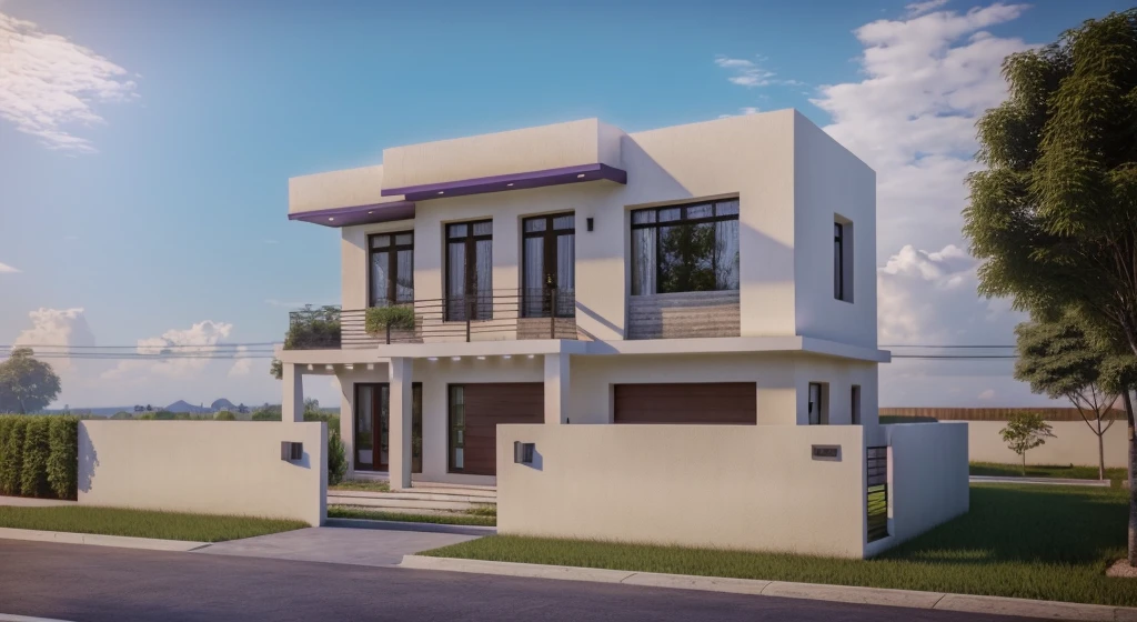 Raw photo,Masterpiece, high quality, best quality, authentic, super detail, soft lighting, high quality, exterior, outdoors, onestoreyvilla, purple house style modern on the street vietnam road,pavement, grass, trees, blue sky, cloud, (day:1.1), vivid purple colour, (realistic:1.2), unreal engine 5, vray tracing