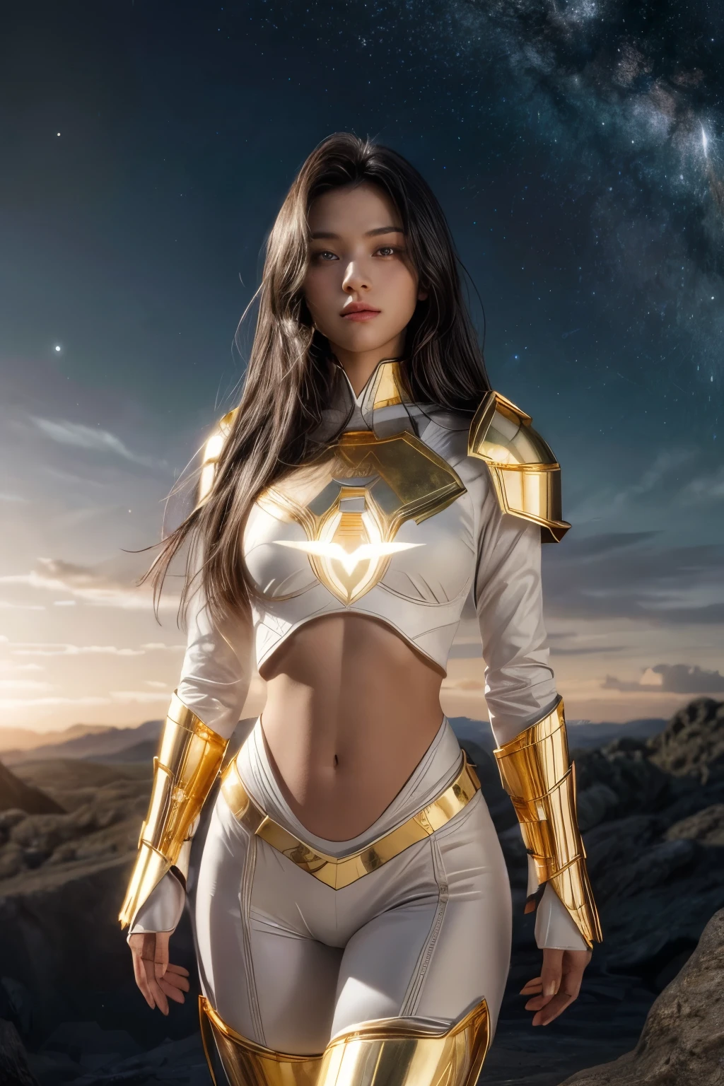 ((masterpiece, best quality, extremely detailed), volumetric lighting, ambient occlusion, colorful, glowing), 1girl, solo, young girl, (dark hair), long hair, halo, aura, sacred, goddess, cleric suit, (white outfit with gold detailst:1.3), armor, outdoors, sunset, sky, clouds, space, (fantasy theme:1.2), full armor