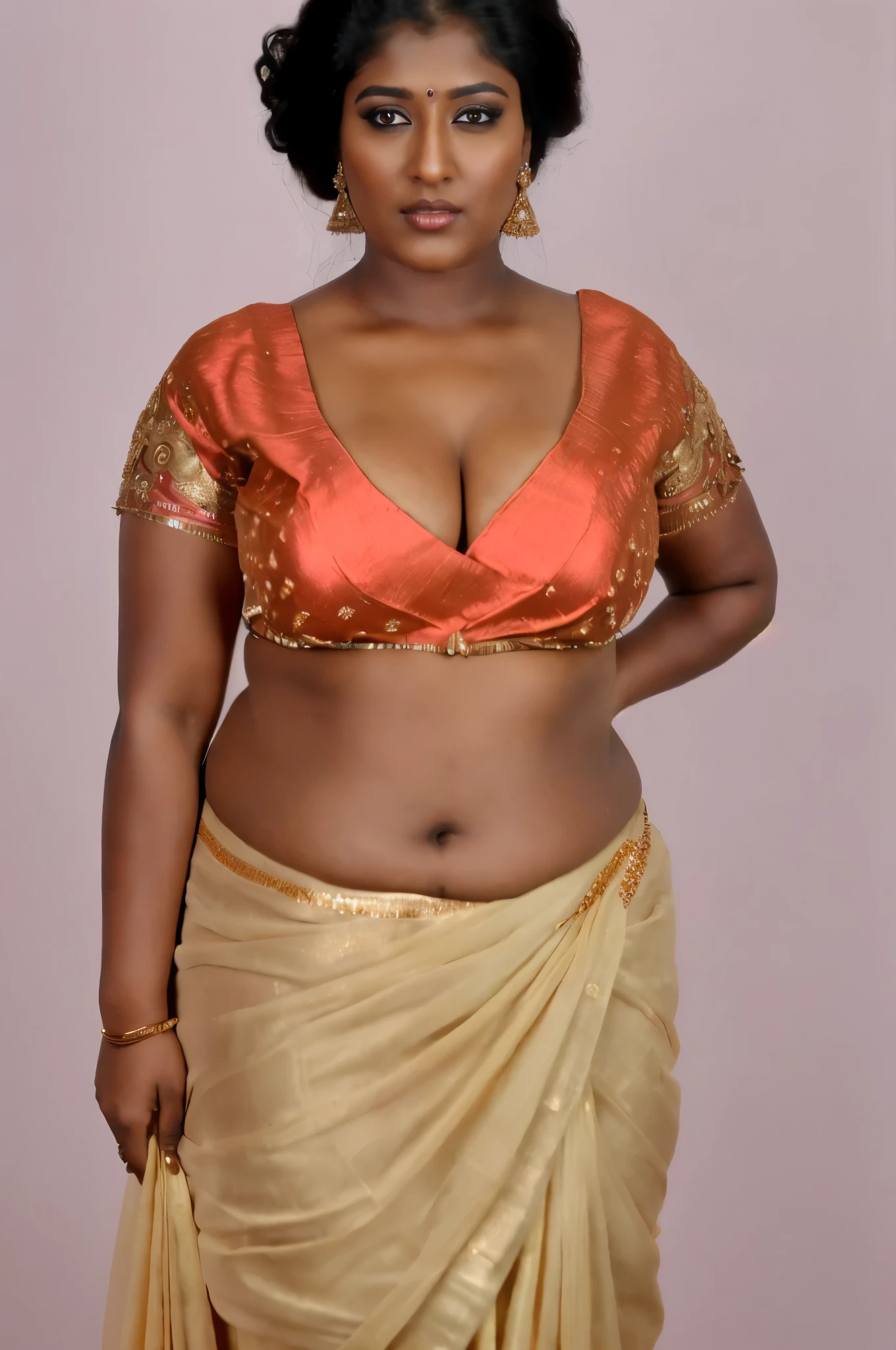 Looks like Nayanthara, thick figure, bulky figure, fleshy figure, black lips, beautiful hypnotizing gazing eyes, Full figured woman, heavy figure, attractive, gorgeous, stunning beauty, milf, 50 years old Woman, attractive body, araffe woman in a gold sari posing for a picture, chocolate skin, skin pores, sweat, incredible skin texture, wearing gold jewellery, photo of a hand jewellery model, sexy girl with dark complexion, indian girl with brown skin, traditional beauty, wearing elegant jewellery, traditional makeup, with small studded earings, indian goddess, indian, intricate thin details in gold, gold jewellery, modeling shoot, 7 0 mm portrait, dramatic lighting, cinematic colour grading,