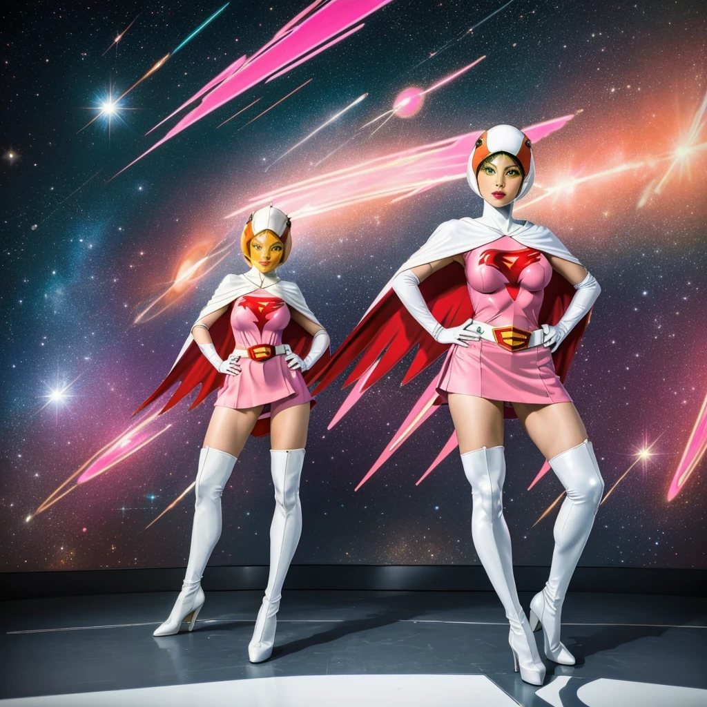 ANI_CLASSIC_jun_gatchaman_ownwaifu,1girl, 15 years old,good anatomy, masterpiece, best quality,realistic, hyperrealistic, 16k hdr,breasts,green eyes,lips,large breasts,lipstick,makeup,gloves,cape,helmet,belt,elbow gloves,white gloves,mask,ultra miniskirt,leotard,spacesuit,white tight overknee highheels boots,pink dress,superhero,bodysuit,cleavage,erected nipples,((stand pose,hands on hip,view from below)),cameltoe
