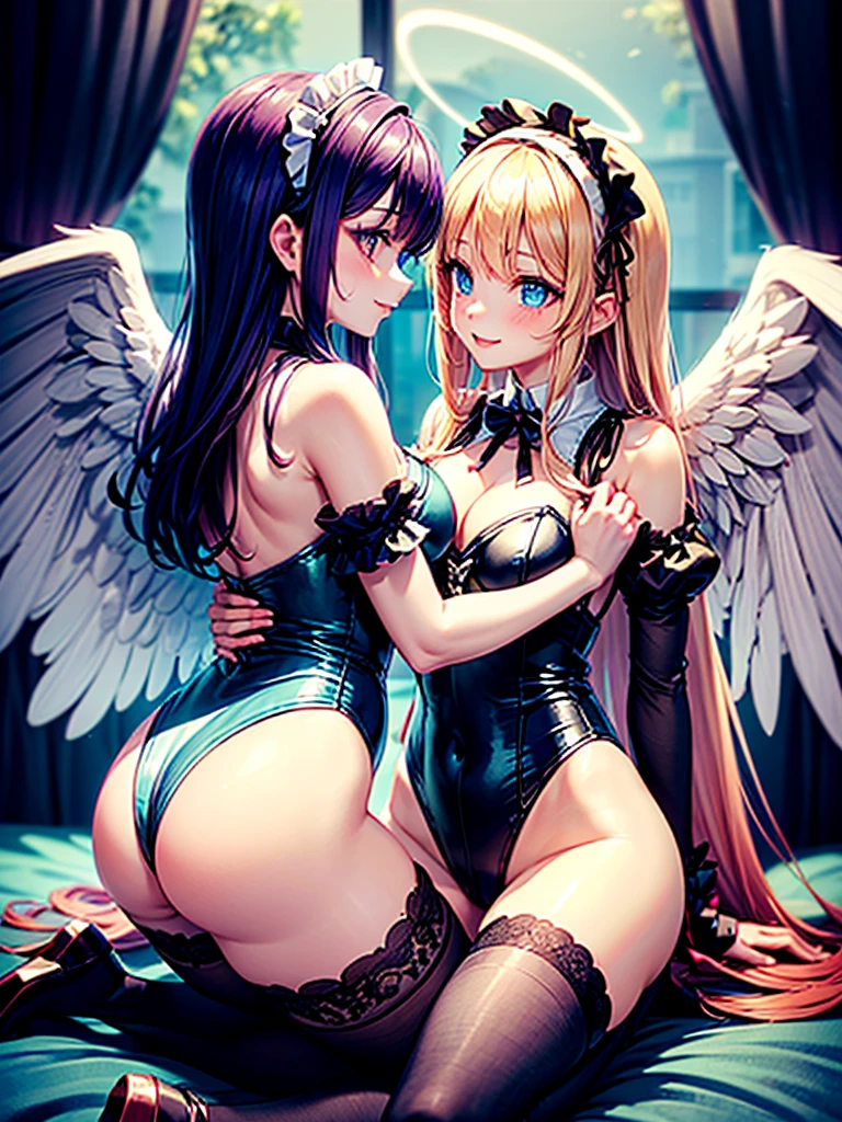 Highest quality,Highest Resolution,(((A beautiful girl with blue eyes and blonde hair in a maid leotard and white angel wings on her back)))and(((A beautiful girl with red eyes, purple hair, and black angel wings on her back in a gothic ta leotard)))They are having sex while kissing in the sitting position,saliva,(((Halo))),smile,Frills,Knee-high stockings,A distant view,