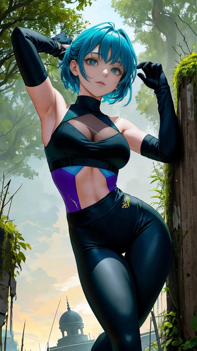 (Top ,black leggings,pHeo azul claro) (btpt-fc) girl with (cracked body), exhausting (elbow gloves), standing on a post-apocalyptic background with greenery and a light green tint. He (btpt-fc) The girl is portrayed as a strong and beautiful character.., despite the cracks in your body. Su cabHelo es de un azul claro vibrante., que se destaca en He desolado tHeón de fondo. She is exhausting black leggings and elbow gloves, highlighting its hardness and resistance. He post-apocalyptic background is filled with overgrown vegetation, symbolizes nature&#39;s ability to reclaim its space. He overall color palette is dominated by a light green tint, adding a sense of eeriness to the scene.