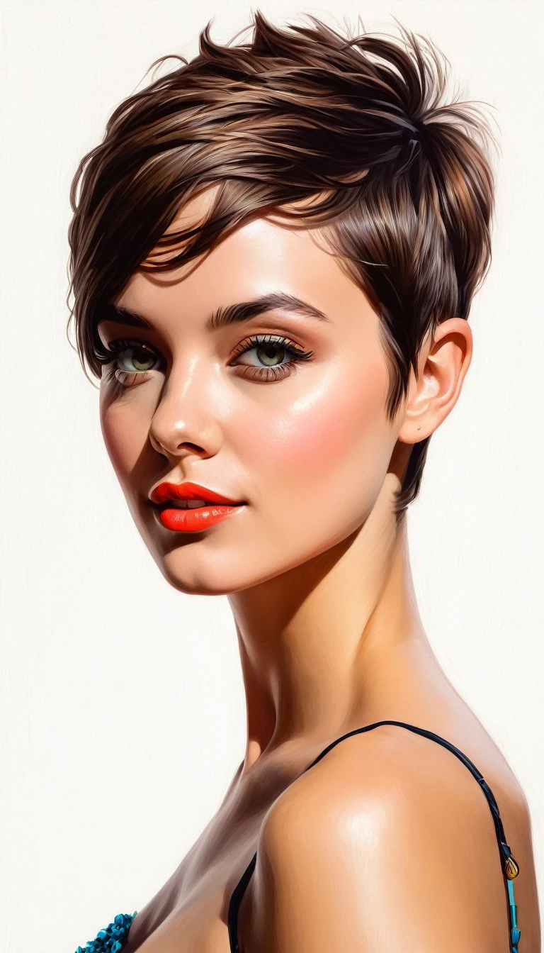 create a woman short hair pixie , flores, Masterpiece, estilo illustration de Ali Erturk, high detail, hyperrealistic, natural light,illustration , Bright colors

