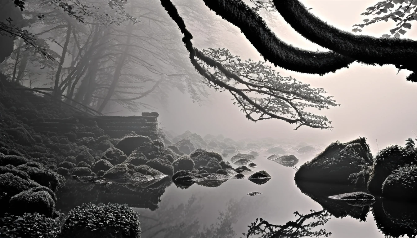 An enchanting forest, lush foliage, moss-covered rocks, film
camera, prime lens, misty morning, ethereal atmosphere, black and white
film.