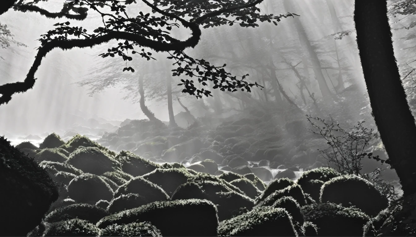 An enchanting forest, lush foliage, moss-covered rocks, film
camera, prime lens, misty morning, ethereal atmosphere, black and white
film. 