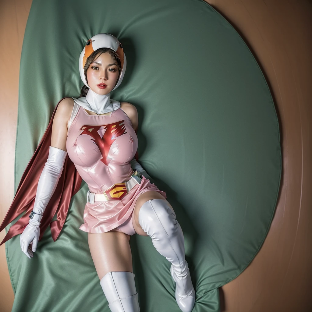 ANI_CLASSIC_jun_gatchaman_ownwaifu,1girl, ,good anatomy, masterpiece, best quality,realistic, hyperrealistic, 16k hdr, long hair,breasts,green eyes,lips,large breasts,lipstick,makeup,gloves,cape,helmet,belt,elbow gloves,white gloves,mask,ultra miniskirt,leotard,spacesuit,white tight overknee highheels boots,pink dress,superhero,bodysuit,cleavage,erected nipples,(lying flat poses, view from above),cameltoe