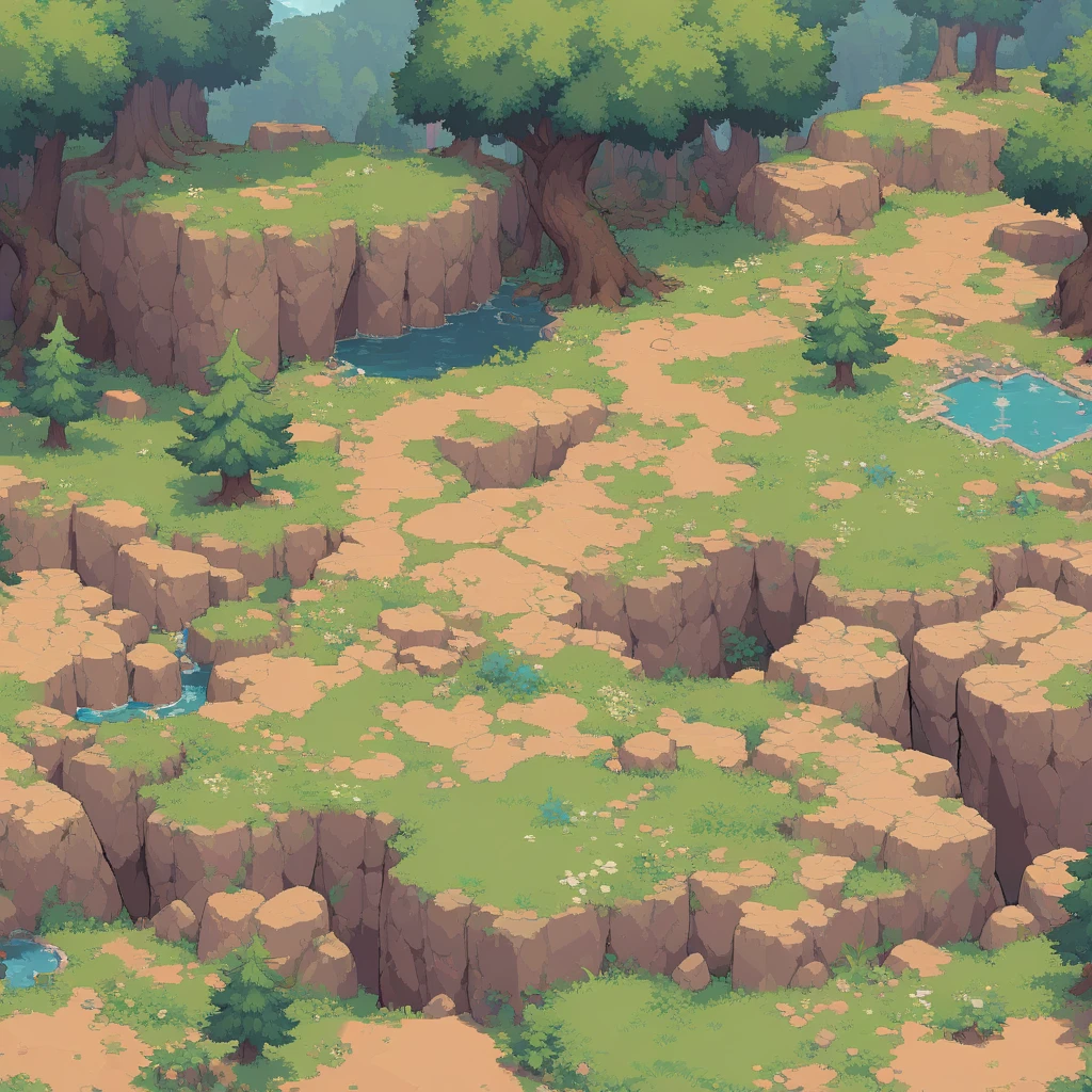 retro video game style,pixelated, vibrant pastel colors,8-bit characters,blocky shapes,sharp lines,detailed shading,classic gaming vibe,nostalgic atmosphere,classic arcade games,masterpiece:1.2,ultra-detailed,illustration style, 2d texture, stone texture, 4 k seamless mud texture, video game texture, dirt texture, tileset, game tiles, grass, 3/4th perspective trees, 3/4th perspective tileable rock texture, 3/4th perspective tileable cliff formations, tileable trees, topdown view, game texture, game art, tileable texture, very detailed cliff texture, intricate stones, top down view, 3/4th perspective