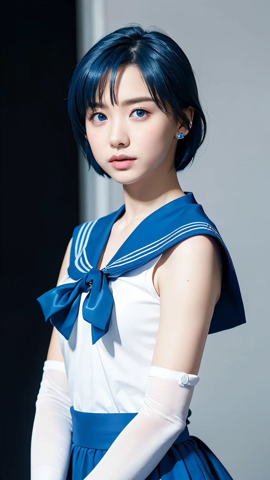 masterpiece、high quality、High resolution、Realistic、professional lighting、Japanese、woman、cute、young、White skin、slender、,(Blue Hair:1.3), short hair,  (Nice hands, sexy, slim, Large Breasts, skinny, Tight waist, Human Anatomy:1.1)blue eyes, Sailor Warrior Uniforms, Blue sailor collar, bow, Knee Boots, choker, (White gloves:1.3), blue choker, (elbow gloves:1.3), jewelry, Earrings, Blue Skirt,whole body、Black background