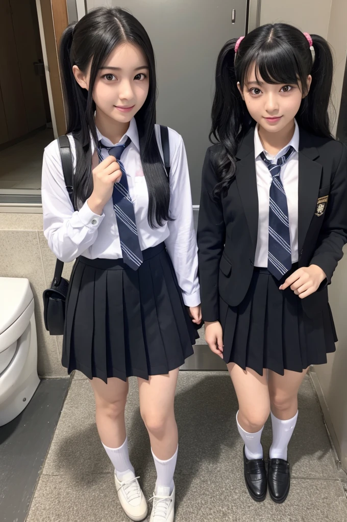 multiple_girls, black_hair, 2girls, school_uniform, cosplay, real_life, toilet