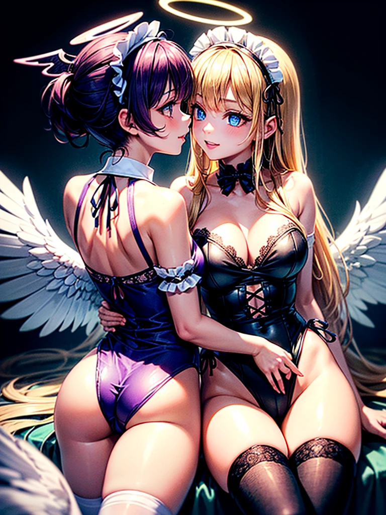 Highest quality,Highest Resolution,(((A beautiful girl with blue eyes and blonde hair in a maid leotard and white angel wings on her back)))and(((A beautiful girl with red eyes, purple hair, and black angel wings on her back in a gothic lolita leotard)))They are having sex while kissing in the sitting position,saliva,(((Halo))),smile,Frills,Knee-high stockings,A distant view,