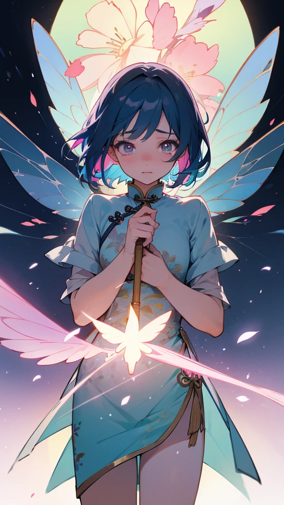 Flower fairy, Transparent colorful wings, Magic wand，China-style，8K，Light mature style，The eyes are melancholy，anatomy correct，Tears in the eyes，Feminine background
