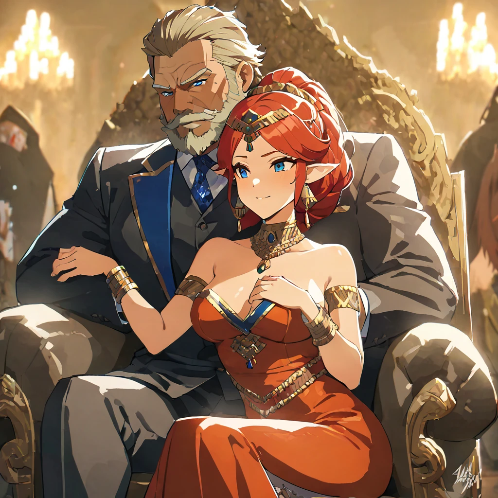 ((Highest quality)), ((masterpiece)), (detailed), (Perfect Face)、The woman is Queen Zelda of the Gerudo tribe, with blonde hair and blue eyes, and is wearing the luxurious dress of the Gerudo queen.、The man is a dignified, middle-aged man with a beard, strong red hair and dark skin, King Ganondorf, the king of the Gerudo tribe, and is wearing the luxurious attire of the Gerudo king.、A man and a woman are embracing each other on the luxurious throne of the Gerudo royal family.、A queen and a king in love