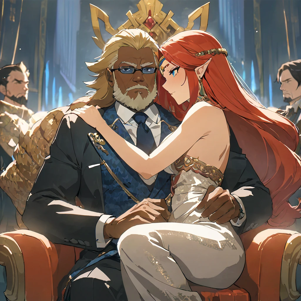 ((Highest quality)), ((masterpiece)), (detailed), （Perfect Face）、The woman is Queen Zelda of the Gerudo tribe, with blonde hair and blue eyes, and is wearing the luxurious dress of the Gerudo queen.、The man is a dignified, middle-aged man with a beard, strong red hair and dark skin, King Ganondorf, the king of the Gerudo tribe, and is wearing the luxurious attire of the Gerudo king.、A man and woman are kissing close together on the luxurious throne of the Gerudo royal family.、A queen and a king in love
