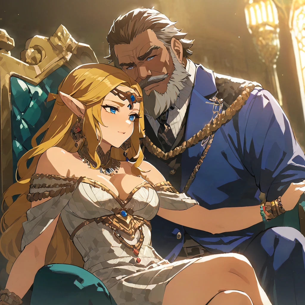 ((Highest quality)), ((masterpiece)), (detailed), （Perfect Face）、The woman is Queen Zelda of the Gerudo tribe, with blonde hair and blue eyes, and is wearing the luxurious dress of the Gerudo queen.、The man is a dignified, middle-aged man with a beard, strong red hair and dark skin, King Ganondorf, the king of the Gerudo tribe, and is wearing the luxurious attire of the Gerudo king.、A man and a woman are embracing each other on the luxurious throne of the Gerudo royal family.、A queen and a king in love