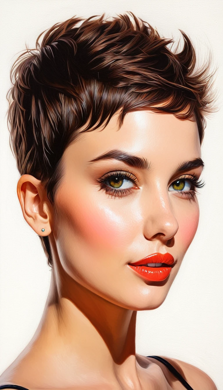 create a woman short hair pixie , flores, Masterpiece, estilo illustration de Ali Erturk, high detail, hyperrealistic, natural light,illustration , Bright colors
