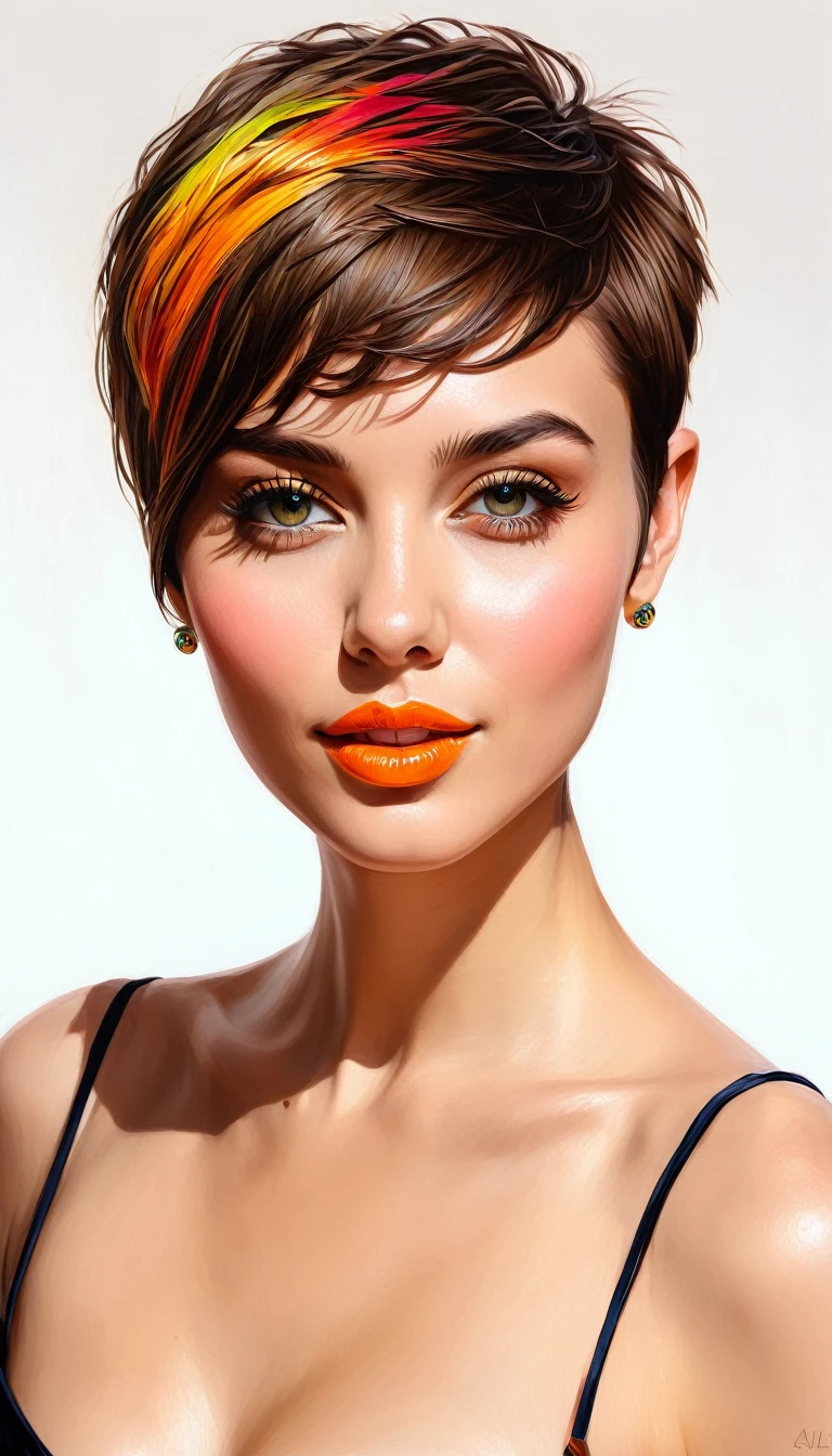 create a woman short hair pixie , flores, Masterpiece, estilo illustration de Ali Erturk, high detail, hyperrealistic, natural light,illustration , Bright colors