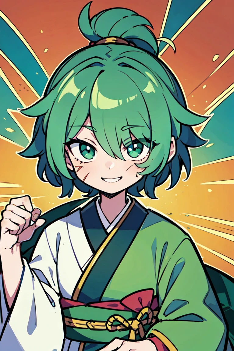 Draw a man, cartoon character with vibrant colors. He has messy green hair, a scar over his right eye, big expressive eyes, a wide smile. Wear a dark green kimono, a green cloth