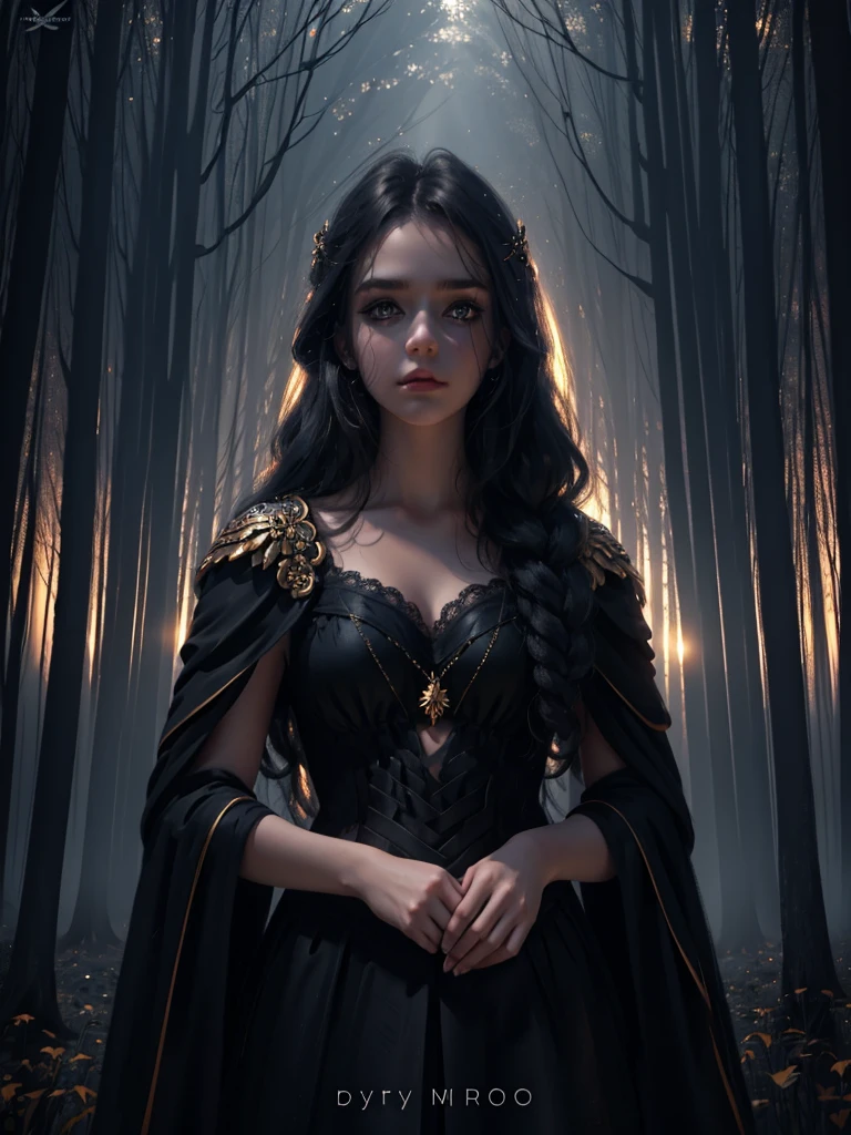 Beauty cute european teen girl, dark hair, messy hair, dark eyes makeup, black clothes, ornamented clothes, masterpiece, 4k, ultra quality, dark forest background, warm light from the sky, night