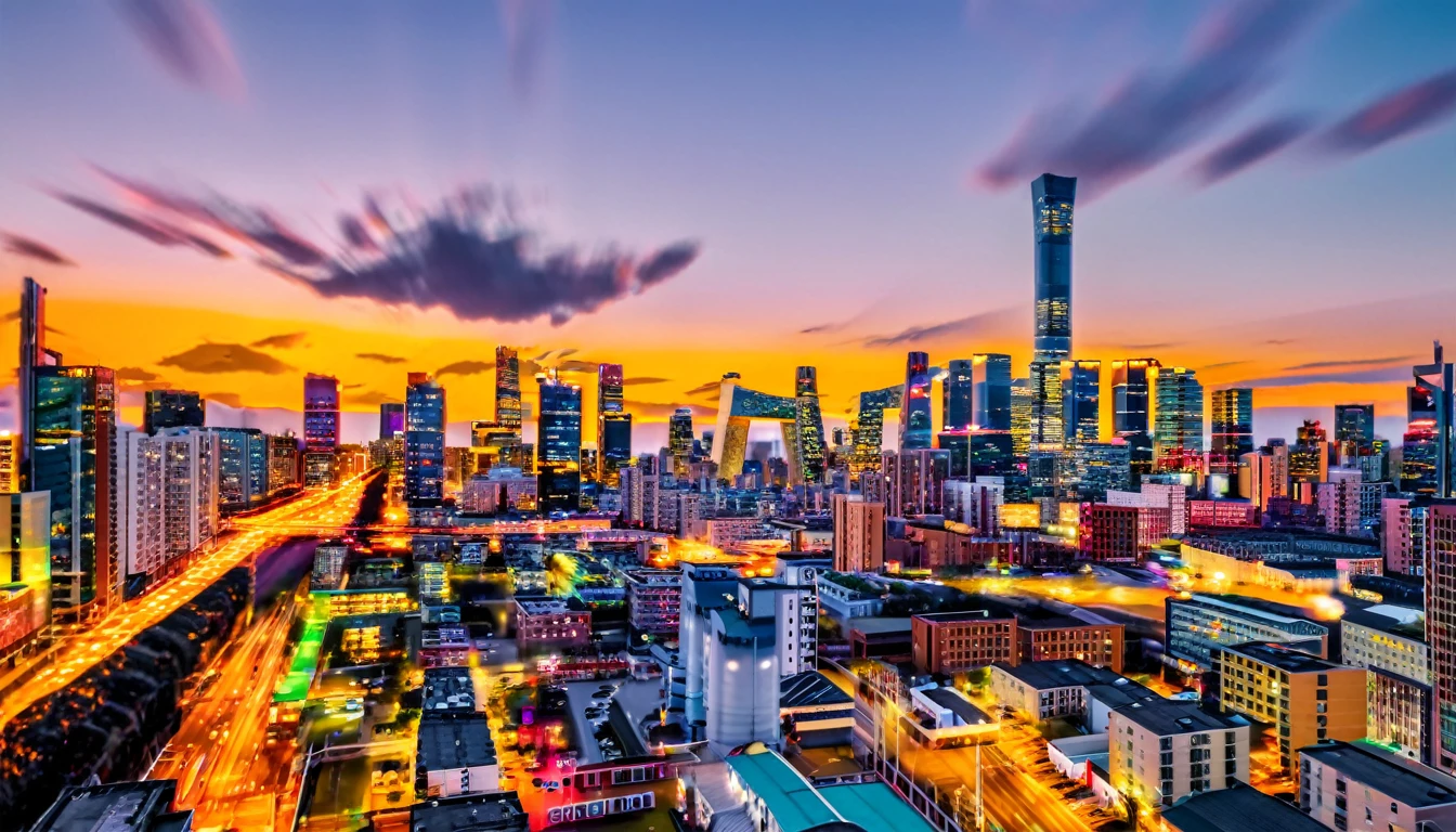 A bustling city skyline, towering skyscrapers, vibrant street life,
smartphone camera, telephoto lens, twilight hour, urban energy, digital
photography.