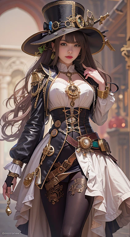 Lady of Alafed - pose in steampunk outfit and hat, Beautiful steampunk anime woman, Jan J, Guweiz on ArtStation Pixiv, Amazing character art, Kschaert Krentz Key Art Feminine, Fantasy Costume, guweiz on pixiv artstation, Chengwei Pan at Art Station, Urop&#39;s style、Goddess of Time and Space、The background is a myriad of old distorted analog clocks.。