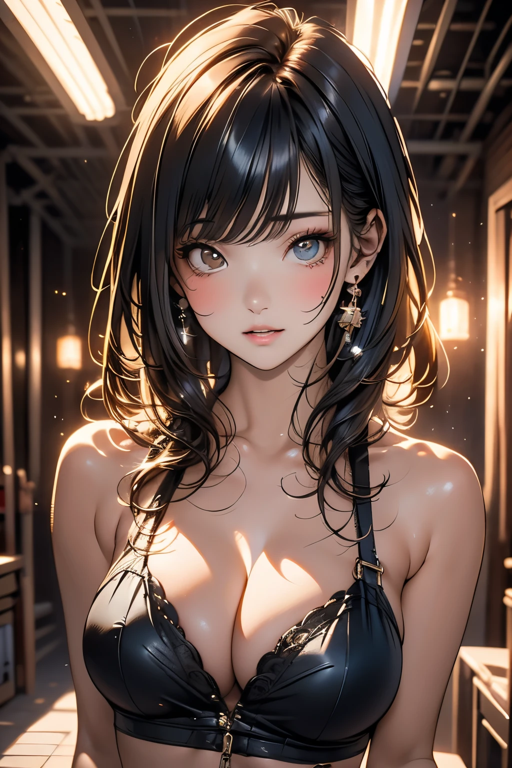 Highest quality, masterpiece, Ultra-high resolution, (Realistic: 1.4), RAW Photos, One Girl, All Nude, Cinema Lighting, Kiss pose, Heterochromia iridis, Gray Hair, Cleavage,