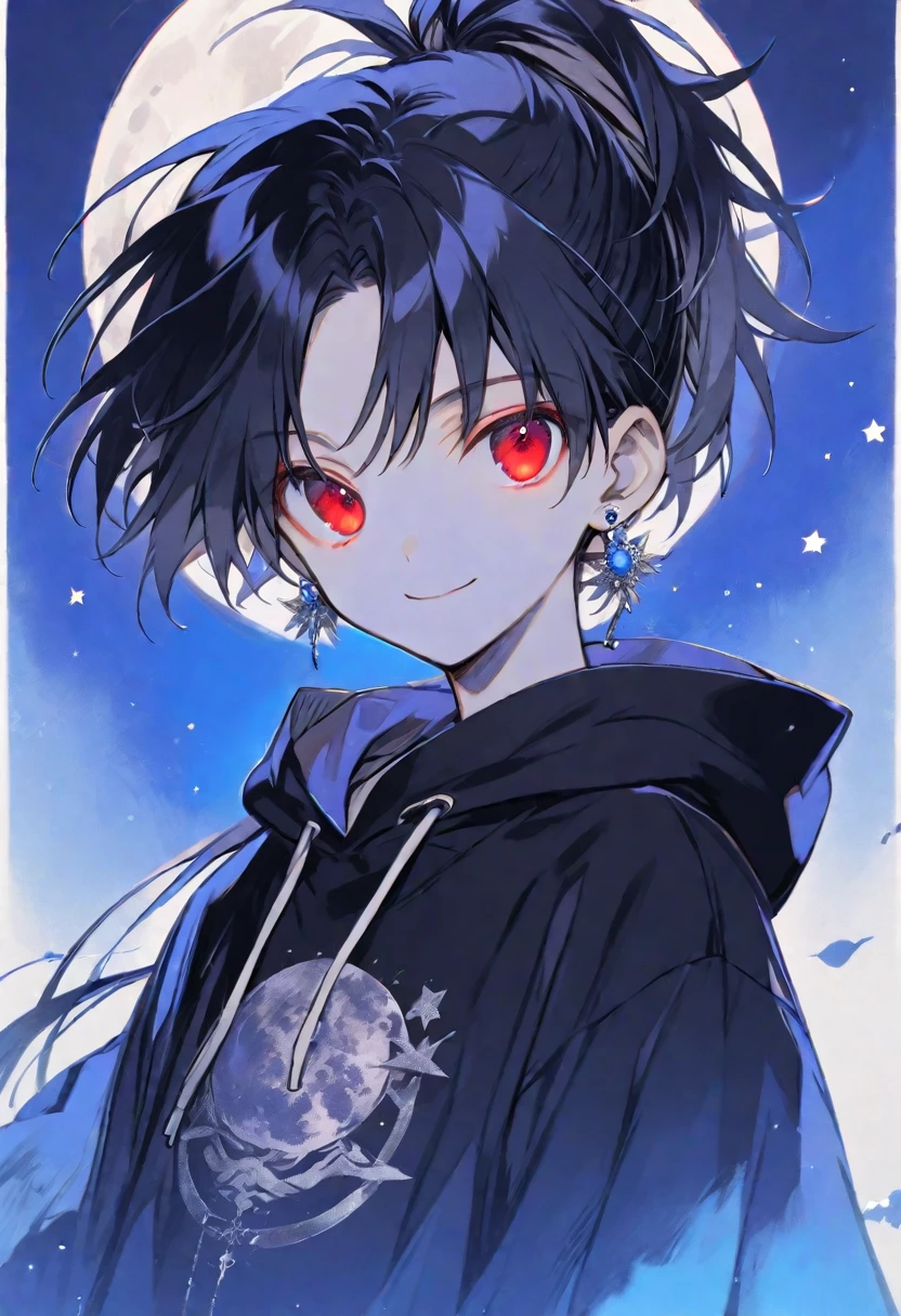 solo, handsome, monotone,
1. male,
Hime cut,Straight Hair,Bob Hair, ponytail,
black hair,
Nakano Yotsuba,
red Eyes,Soft look,beautiful,Darkness,Lots of silver earrings,blue rose tattoo,
black hoodie ,smile,skin,
simple background,
moon,star sky