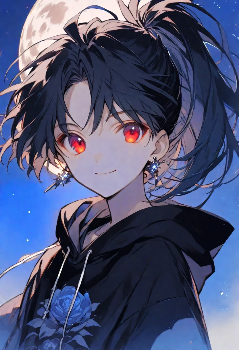 solo, handsome, monotone,
1. male,
Hime cut,Straight Hair,Bob Hair, ponytail,
black hair,
Nakano Yotsuba,
red Eyes,Soft look,beautiful,Darkness,Lots of silver earrings,blue rose tattoo,
black hoodie ,smile,skin,
simple background,
moon,star sky