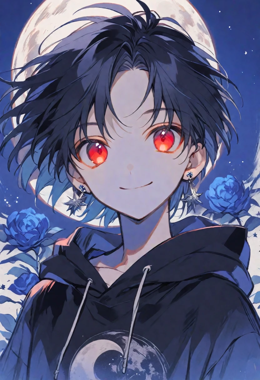 solo, handsome, monotone,
1. male,
Hime cut,Straight Hair,Bob Hair, ponytail,
black hair,
Nakano Yotsuba,
red Eyes,Soft look,beautiful,Darkness,Lots of silver earrings,blue rose tattoo,
black hoodie ,smile,skin,
simple background,
moon,star sky