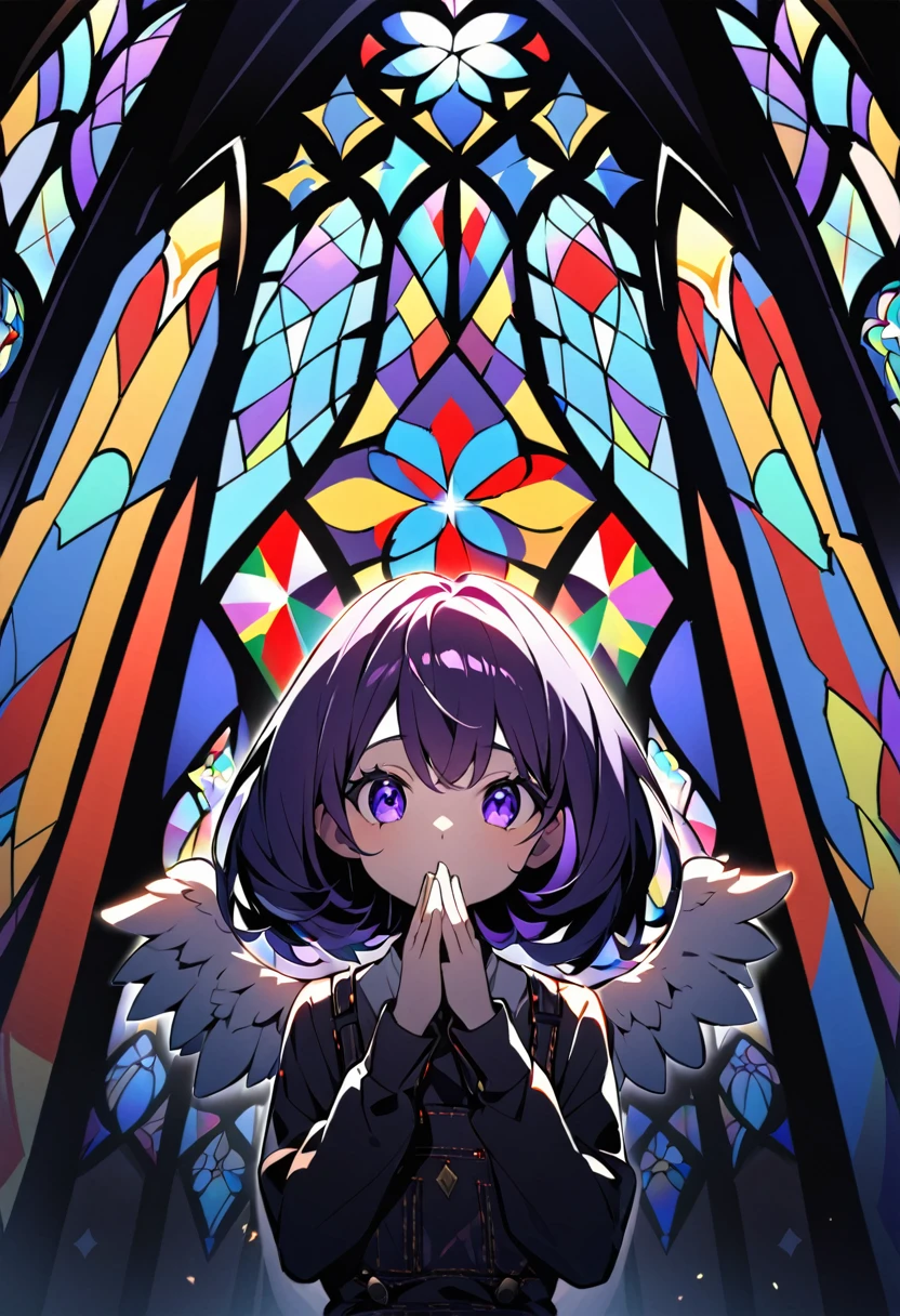 I'm in church.
There's a angel praying in the church.

It's a place with beautiful stained glass.
stained glass is more brightly colored.
Strengthen the shadow's claims.
overall add shading.

angel looks like
hair style is short.
hair color is dark purple.
looks like Russian girl.

