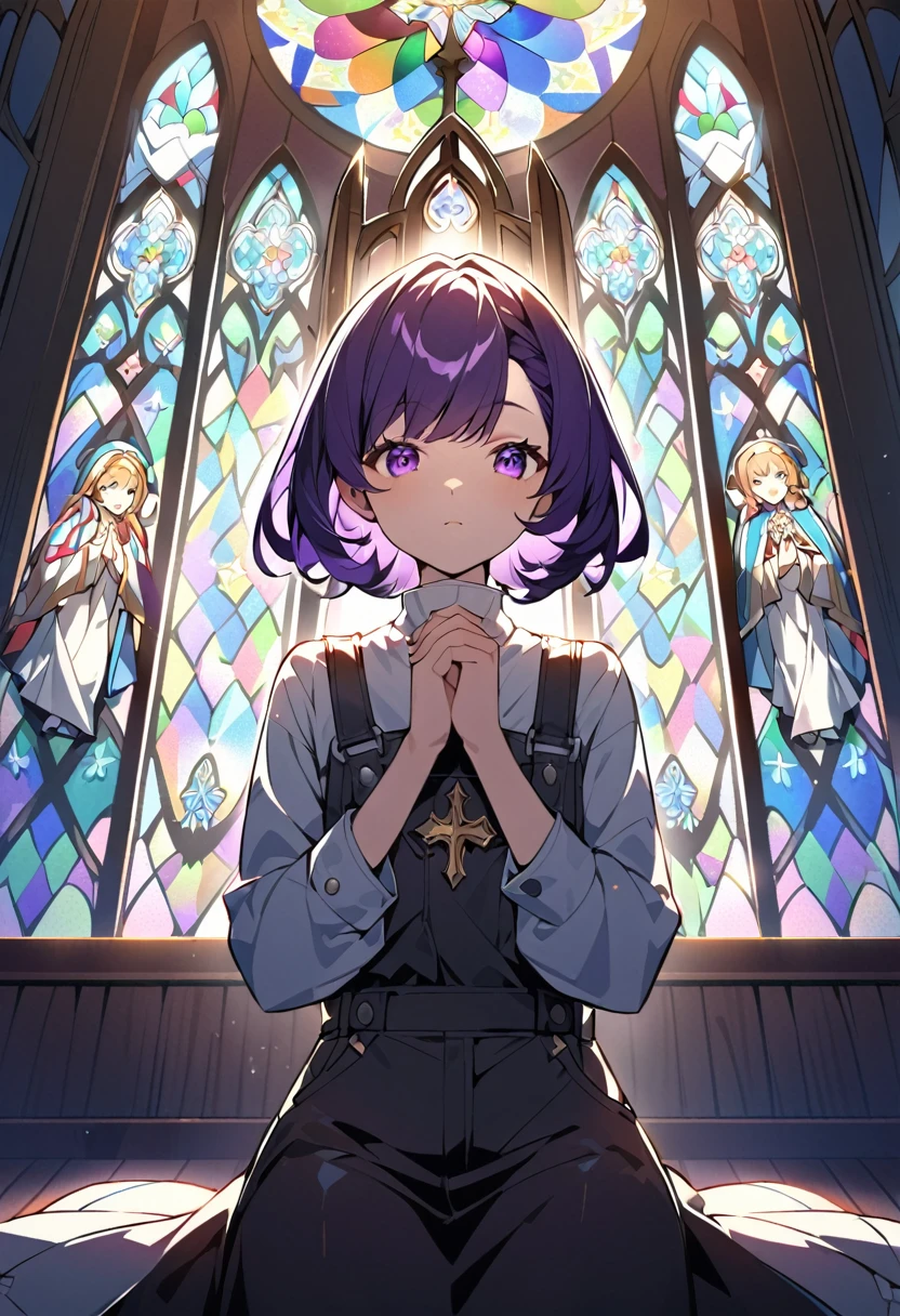 I'm in church.
There's a angel praying in the church.
It's a place with beautiful stained glass.
stained glass is more brightly colored.
Strengthen the shadow's claims.
overall add shading.
angel looks like
hair style is short.
hair color is dark purple.
looks like Russian girl.