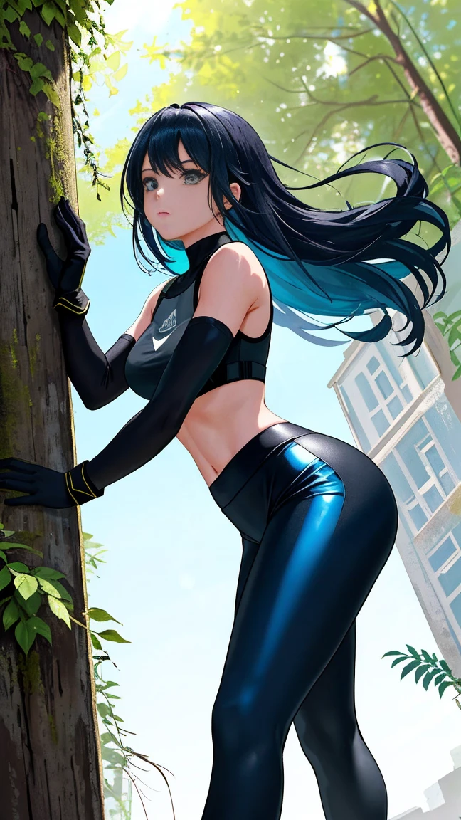 (Top ,black leggings,pHeo azul claro) (btpt-fc) girl with (cracked body), exhausting (elbow gloves), standing on a post-apocalyptic background with greenery and a light green tint. He (btpt-fc) The girl is portrayed as a strong and beautiful character.., despite the cracks in your body. Su cabHelo es de un azul claro vibrante., que se destaca en He desolado tHeón de fondo. She is exhausting black leggings and elbow gloves, highlighting its hardness and resistance. He post-apocalyptic background is filled with overgrown vegetation, symbolizes nature&#39;s ability to reclaim its space. He overall color palette is dominated by a light green tint, adding a sense of eeriness to the scene.