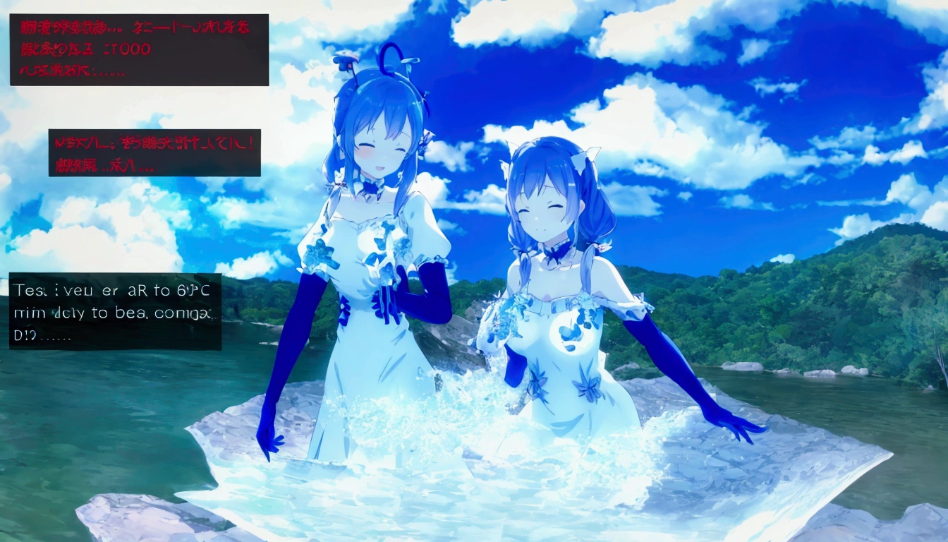 Anime girl with blue hair and white dress posing on a rock, Frozen Blue Skin, Female body type, Blue skinned, Biomechanical OPPAI, With the power of ice, I deny that, Anime Style3D, Spell Casting Pose, Female cyborg body, Stylized anime, Asian female water spirit, A close-up fantasy using the magic of water, Anime Style