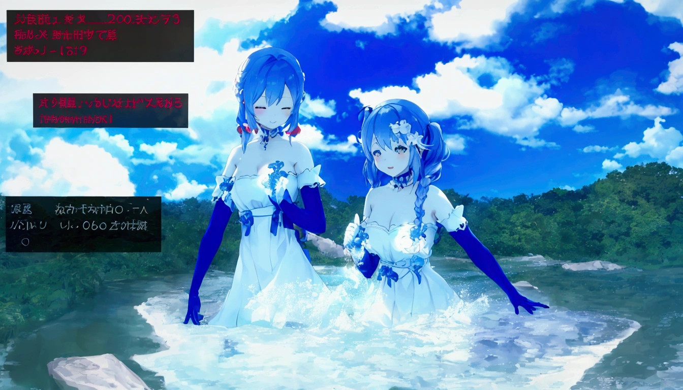Anime screenshot of two girls in white dresses standing in a field, Happy!!!, 4K], 4k yen ], Blue skinned, Water Spirit, Pixiv 3DCG, Lively landscapes, [ floating ]!!, PC Screenshots, Twin tails white_gloves, full_body!!, Vr Chat, 8K!!, クラゲの巫女 8K