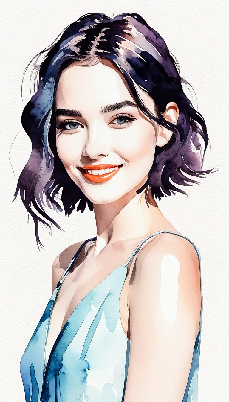 girl smiling modern art, minimalism, contemporary elegance, dreamcore, Fancy fashion , fusion of watercolor and digital illustration, clean colors, minimalist and vibrant