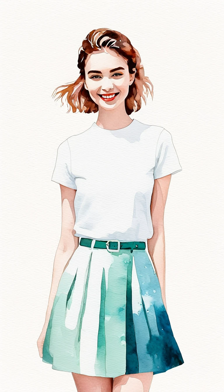 girl smiling modern art, minimalism, contemporary elegance, dreamcore, Fancy fashion , fusion of watercolor and digital illustration, clean colors, minimalist and vibrant
