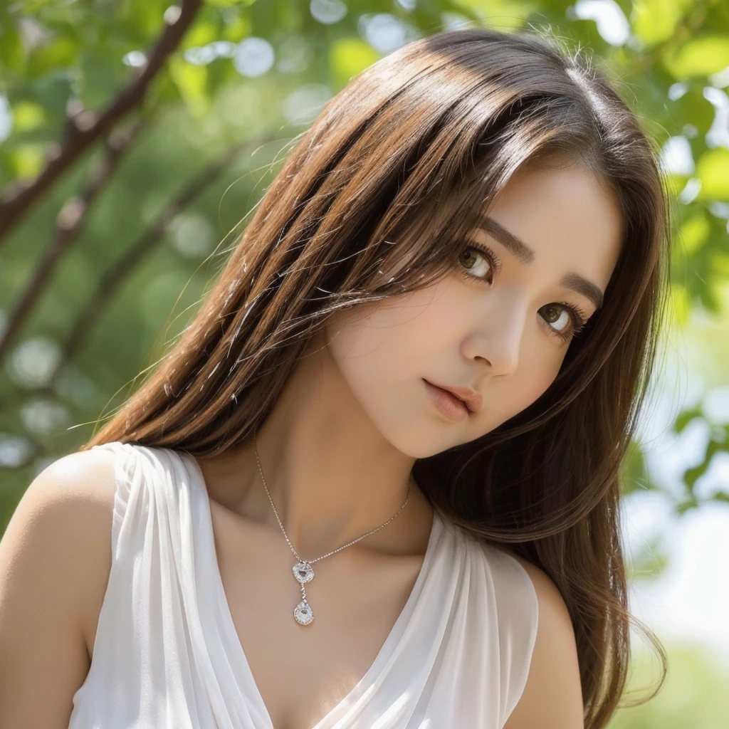 beautiful girl, hair draped over shoulder, clear eyes, smooth hair, Beautiful and perfect face, The most beautiful big eyes, Long eyelashes, Sweet eyes and a lying silkworm., frowning, Dynamic angle, Ultimate image quality, highest accuracy, Precise and perfect human body, necklace, chest, close up, outdoor, The background is flowers and trees., Long shot,