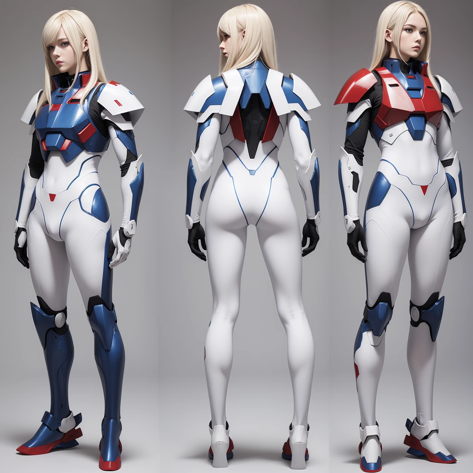 (((full body photo))), red blue and white color, femboy wearing a lightly armoured body suit, sci-fi themes, chest armour, gundam, best quality, arte oficial, Sketch line diagram, eye blue, front view, back view, and side view of character, long hair