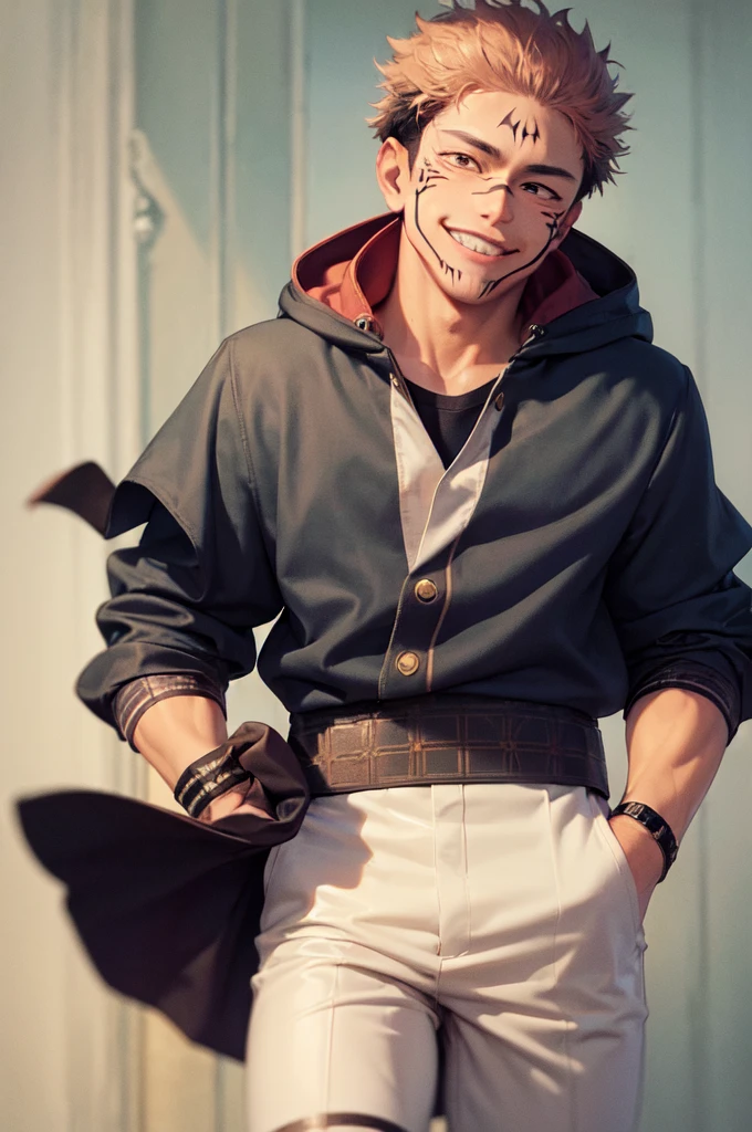 (masterpiece, best quality:1.2), cowboy shot, solo, male focus, 1boy, itadori yuji, facial mark, grin, looking at viewer, hand in pocket, , black jacket, hood