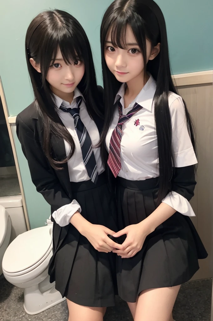 long_hair, multiple_girls, skirt, black_hair, 2girls, school_uniform, cosplay, photo_(medium), sit_toilet, cosplay_photo