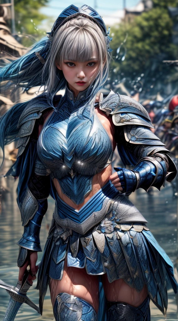 Very beautiful woman、Slender women、(Detailed face)、Realistic Skin、((Water Knight:1.1)), ((Dark blue armor))、((((Dark blue armor with very fine platinum detailing:1.5))))、((Delicate photo)),(Girl Astepeace RAW Photo Details:1.25), (Highest quality:1.6), (Ultra-high resolution:1.5), (Realistic:1.75), 8K resolution, Canon EOS R5, 50mm, Absurd, Super detailed,Cinema Lighting,((Fightfield))、((Fight))、(((White skirt with embellishments)))、Thigh-high socks、Shingard、((Light blue hair))、((Bowl cut hairstyle with bangs))、(Six Pack:1.1)、Cape、Beautiful Armor、(((Has a huge weapon)))、(In combat)、The wind is blowing、((Symmetrical armor))、((((splash:1.1))))、(((Leads a large group of blue knights:1.2)))、banner、(Armor with a dragon motif)、(((Battle Scenes)))、(blue Dragon)、((Browsing Caution:1.1))、(((Use the magic of water:1.2)))