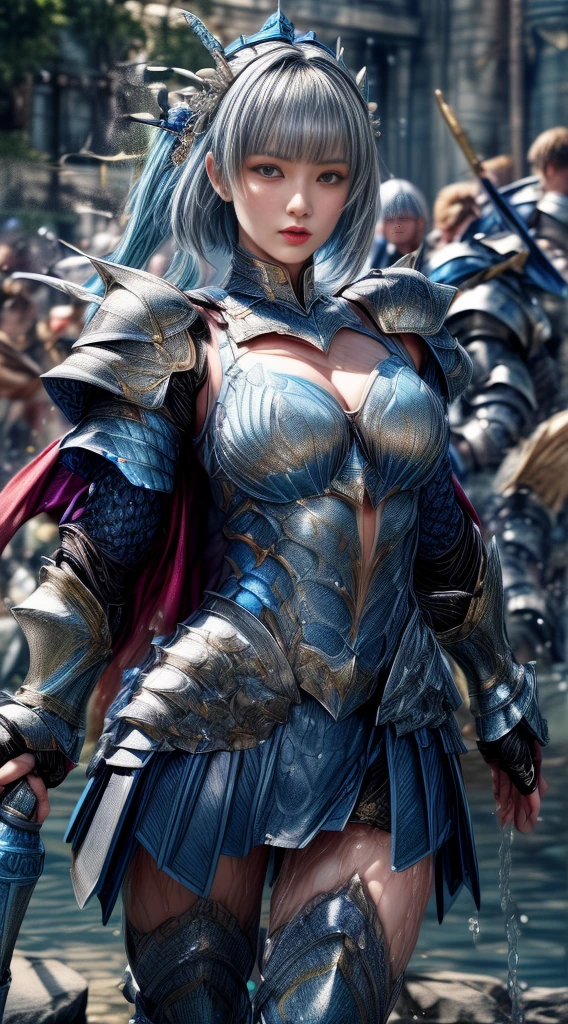 Very beautiful woman、Slender women、(Detailed face)、Realistic Skin、((Water Knight)), ((Navy Blue Armor))、((((Dark blue armor with very delicate platinum detailing:1.5))))、((Delicate photo)),(Girl Astepeace RAW Photo Details:1.25), (highest quality:1.6), (超A high resolution:1.5), (Realistic:1.75), 8K resolution, Canon EOS R5, 50mm, Absurd, Ultra-detailed,Cinema Lighting,((battlefield))、((battle))、(((White skirt with embellishments)))、Thigh-high socks、Shin Guards、((Light blue hair))、((Bowl cut hairstyle with bangs))、(Six-pack:1.1)、Cape、Beautiful Armor、(((Has a huge weapon)))、(In combat)、The wind is blowing、((Symmetrical Armor))、((((Splash:1.1))))、(((Leading a large group of blue knights:1.2)))、Banner、(Armor with a dragon motif)、(((Battle Scene)))、(((Blue Dragon)))、((nsfw))、(Pastel blue lace panties)