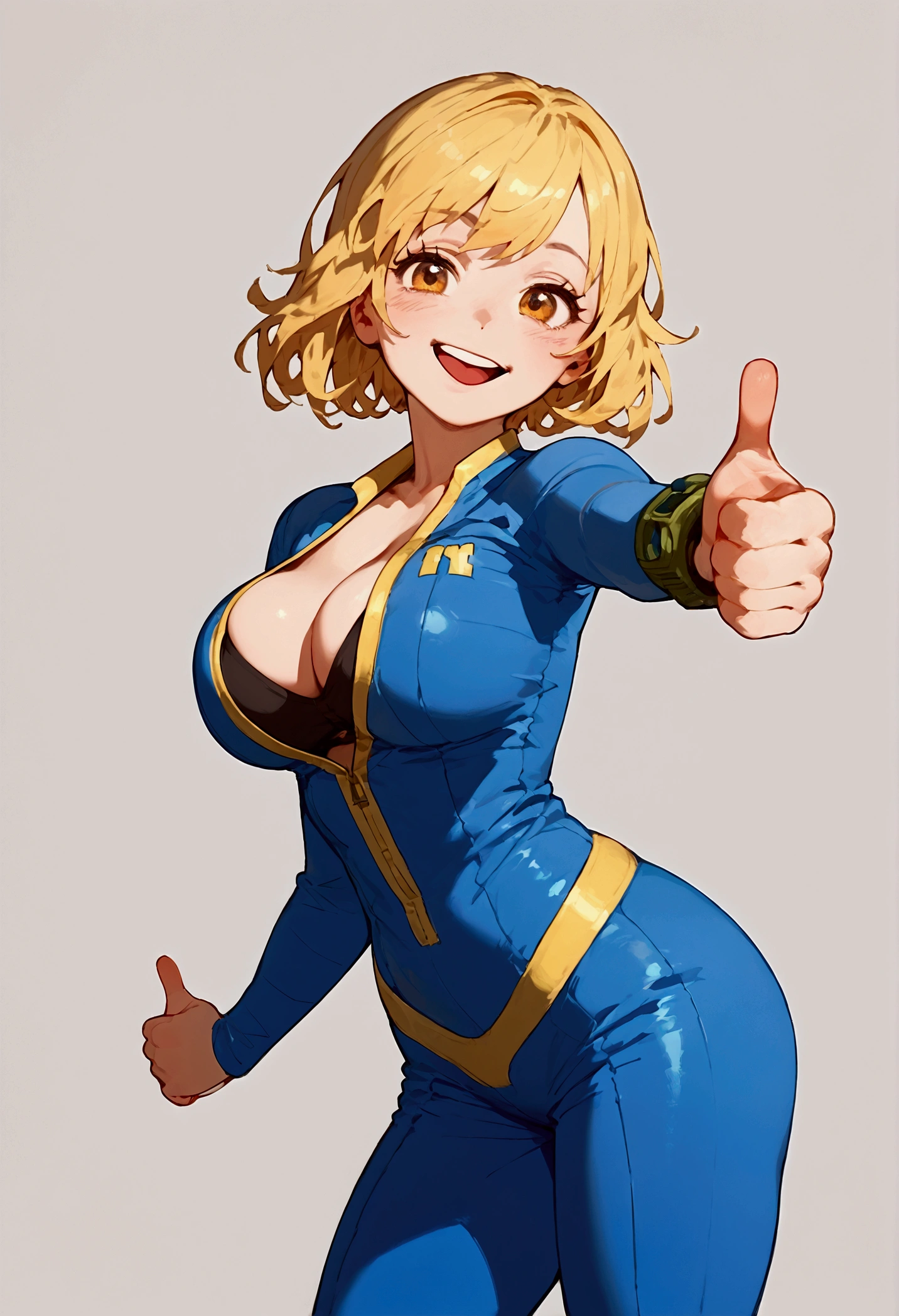 score_9, score_8_up, 1girl, female, solo, score_9, score_8_up, score_7_up, score_6_up, score_5_up, score_4_up, BREAK, 1girl, solo, , breasts, scscore_8_up, score_7_up, 1girl solo, vault_girl, cute face, blonde hair, pip boy, bangs, amber eyes, body suit, , happy, vault tec, thumbs up