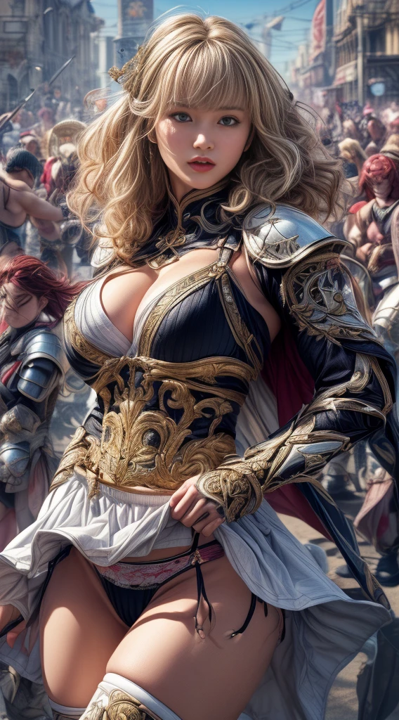 Very beautiful woman、Slender women、(Detailed face)、Realistic Skin、((Holy Knight)), ((Pearl White Armor))、((((A black armor with extremely detailed and intricate decoration.:1.1))))、((Delicate photo))，(Girl Astepeace RAW Photo Details:1.25), (Highest quality:1.6), (Ultra-high resolution:1.5), (Realistic:1.75), 8K resolution, Canon EOS R5, 50mm, Absurd, Super detailed,Cinema Lighting,((Fightfield))、((Fight))、(((White skirt with embellishments)))、Thigh-high socks、Shingard、((blonde))、((Curly Hair))、((Drill Hair))、((Short hair with bangs and wavy hair,))、Get a six pack、Cape、Beautiful Armor、(((Has a huge weapon)))、(In combat)、The wind is blowing、((Symmetrical armor))、((((Blizzard))))、(((Lead a large group of knights:1.2)))、banner、(((Battle Scenes)))、((Browsing Caution:1.2))、(((I can see her panties:1.4)))、、((Skirt lift in the wind))