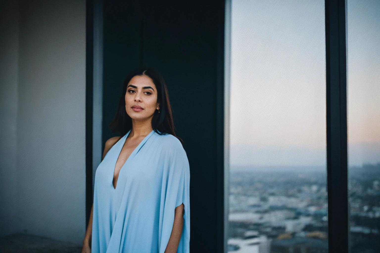 RAW photo,dark,moody,hazy atmosphere,35mm focal lenght,underexposed,cold,candid photograph,artistic,full body,photo of a beautiful,high-society,rich,elegant,30yo Iranian woman,detailed skin,naked,Kaftan, looking at viewer, thick body structure,grey background,no background, candid pose,dim room,blue light, film grain, kodak color, instagram LUT