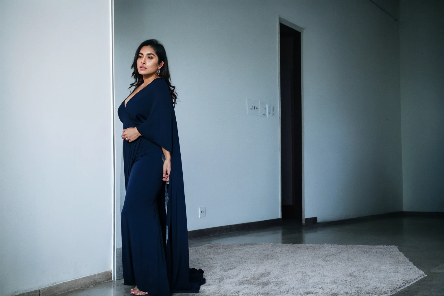RAW photo,dark,moody,hazy atmosphere,35mm focal lenght,underexposed,cold,candid photograph,artistic,full body,photo of a beautiful,high-society,rich,elegant,30yo Iranian woman,detailed skin,naked,Kaftan, looking at viewer, thick body structure,grey background,no background, candid pose,dim room,blue light, film grain, kodak color, instagram LUT