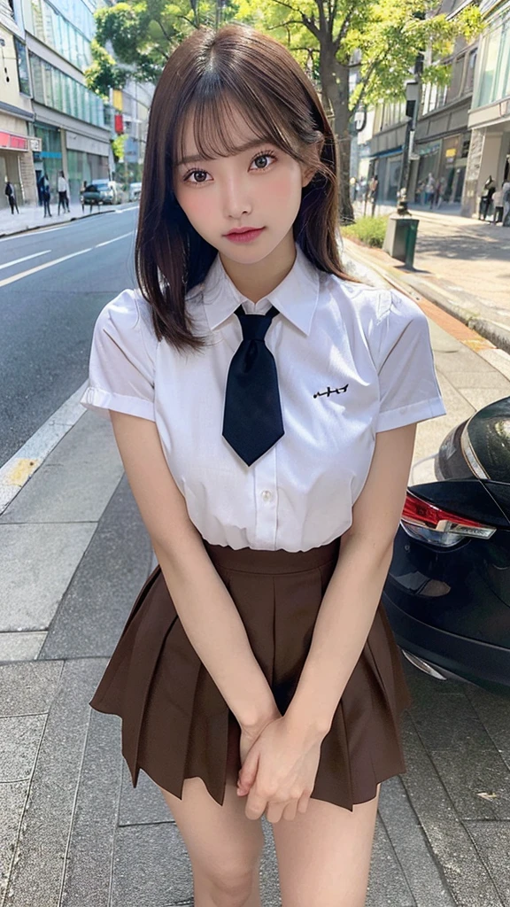 In 8K,Highest quality,The real picture,Intricate details,Ultra-high resolution,Depth Field,Masseter muscle area,Natural soft light,Professional Lighting,One Girl,(cute:1.2),Very beautiful 17 year old girl,Detailed eyes,((Brown eyes)),(Brown Hair),(Short-haired),(Bans),Perfect Skin,Glowing Skin,White skin,Fine skin,Big ample breasts,((Perfect ???????,Nice hands,Perfect hands,Five fingers connected to the palm,Accurate needles without discomfort)),Perfect bare legs,Delicate legs,Perfect Proportions,Sexy,I can see your chest,((Japan Uniform)),((Uniform Mini Skirt)),(tie),Black socks,Chano Leather Shoes,Lurking deep in the city,I can see your crotch,Show me your panties in the street,Both legs are bent,Legs are spread in an M shape,,I can see your pants,Slender thighs when viewed from the front