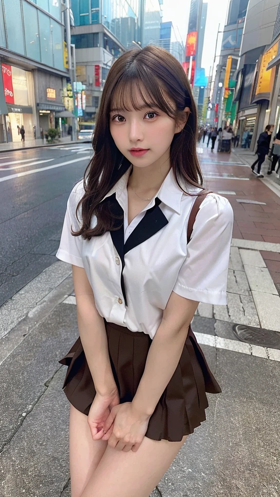 In 8K,Highest quality,The real picture,Intricate details,Ultra-high resolution,Depth Field,Masseter muscle area,Natural soft light,Professional Lighting,One Girl,(cute:1.2),Very beautiful 17 year old girl,Detailed eyes,((Brown eyes)),(Brown Hair),(Short-haired),(Bans),Perfect Skin,Glowing Skin,White skin,Fine skin,Big ample breasts,((Perfect Anatomy,Nice hands,Perfect hands,Five fingers connected to the palm,Accurate needles without discomfort)),Perfect bare legs,Delicate legs,Perfect Proportions,Sexy,I can see your chest,((Japan Uniform)),((Uniform Mini Skirt)),(tie),Black socks,Chano Leather Shoes,Lurking deep in the city,I can see your crotch,Show me your panties in the street,Both legs are bent,Legs are spread in an M shape,,I can see your pants,Slender thighs when viewed from the front