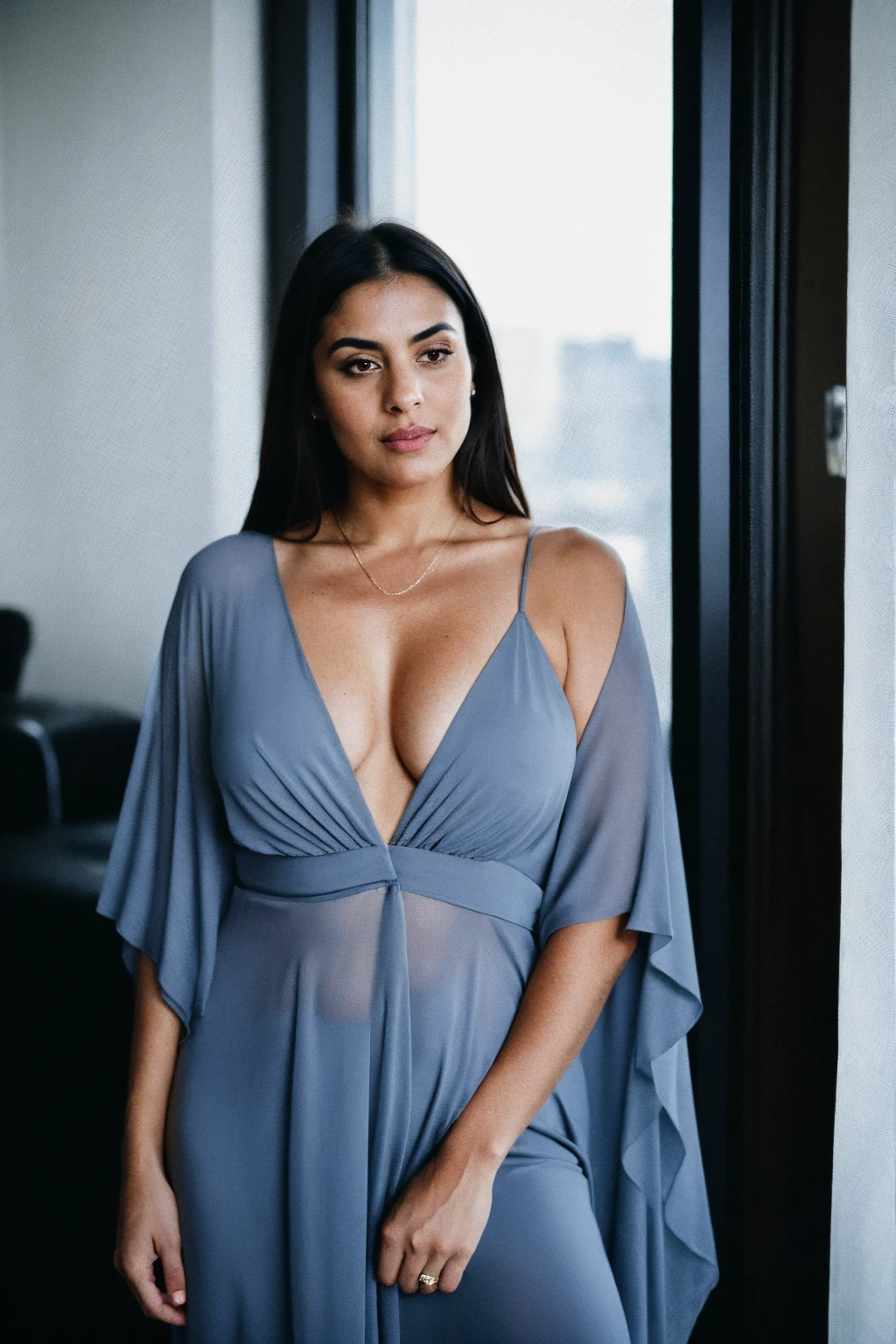 RAW photo,dark,moody,hazy atmosphere,35mm focal lenght,underexposed,cold,candid photograph,artistic,full body,photo of a beautiful,high-society,rich,elegant,30yo Iranian woman,detailed skin,naked,Kaftan, looking at viewer, thick body structure,grey background,no background, candid pose,dim room,blue light, film grain, kodak color, instagram LUT