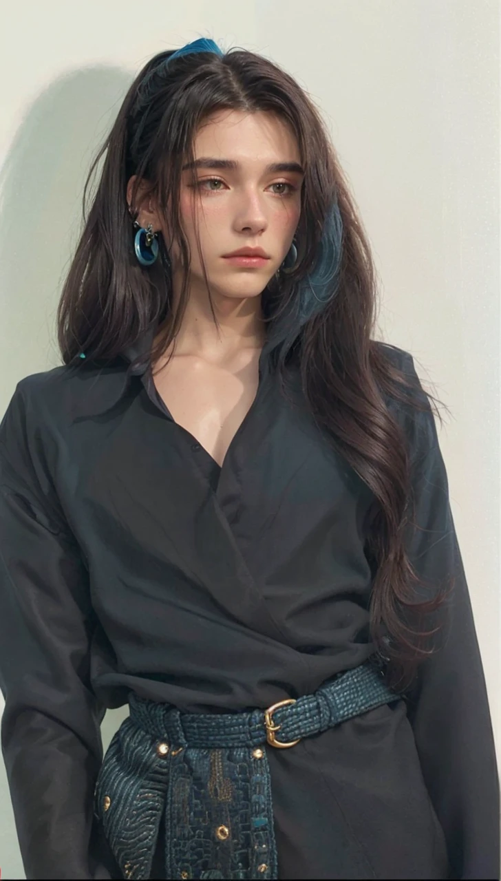 liquid thong,  male focus, gloves, 1boy, solo, long hair, blue hair, earrings, jewelry, simple background, black gloves, water, ponytail, low ponytail, grey background, extremely handsome male, (naked body), wearing micro black tiny g-string, mage long red robes, single earring,  bangs,  liquid hair,  sky print,